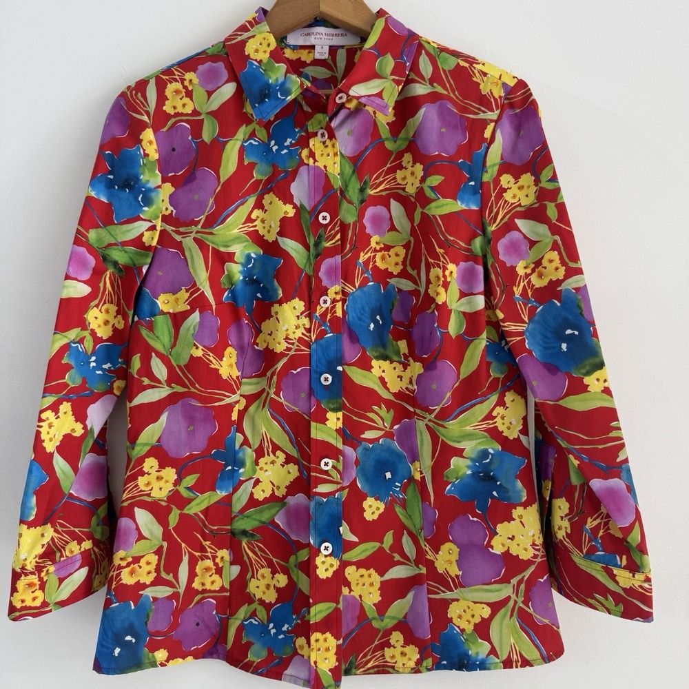 Carolina Herrera Italy Red Floral Tailored Button-Up Collared Blouse Sz 8